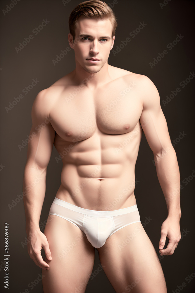 Muscular young man in a white underwear is posing for a photo.