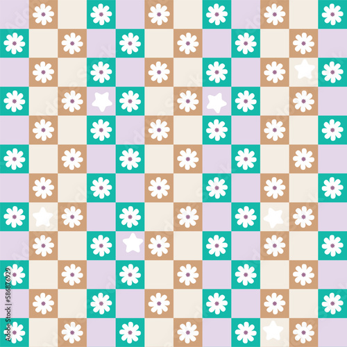 Abstract Tiny Colorful Squares Small Flowers Geometric Retro Pattern Trendy Pastel Fashion Colors Perfect for Allover Fabric Print or Wrapping Paper Cute Design