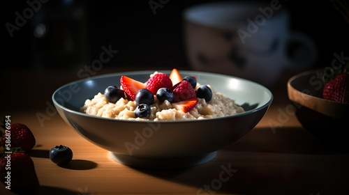 Gesundes Obst und Hafeflocken in einer Schüssel morgens auf dem Frühstückstisch, generative AI