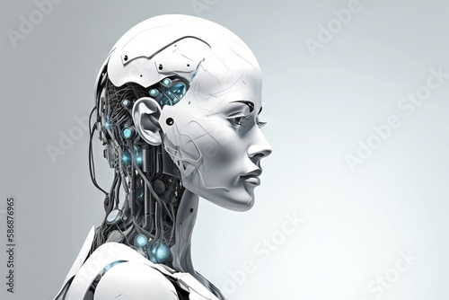 Cyborg woman side view banner. High-tech Ai bot background with copy space for text generative ai