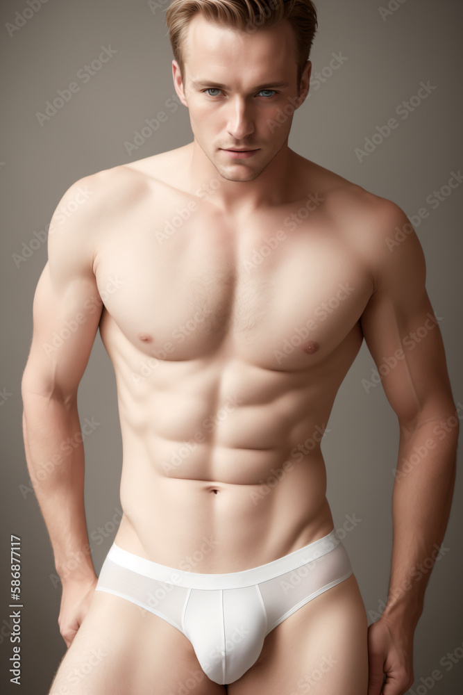 Muscular young man in a white underwear is posing for a photo.