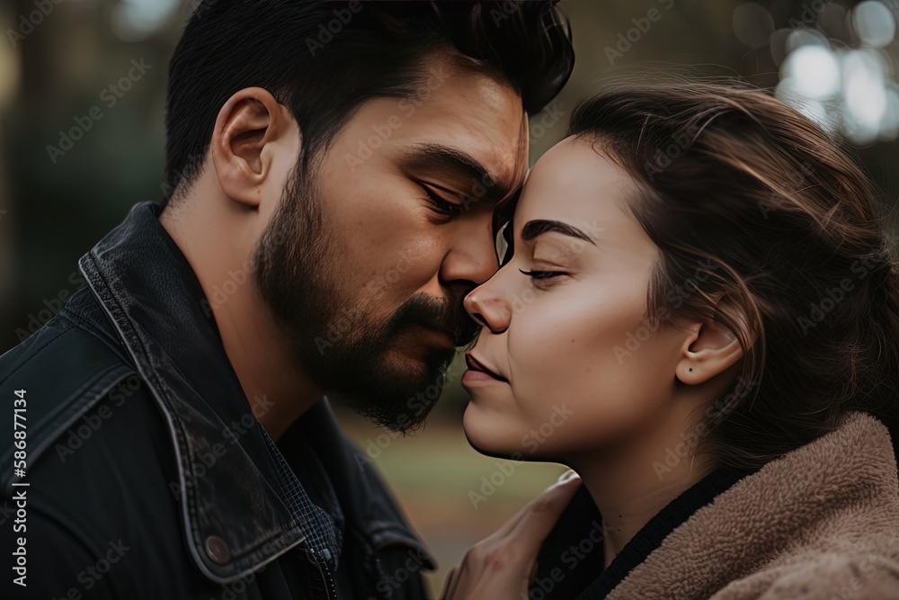 close up African American lover couple kissing in park, Generative Ai close up African American lover couple kissing in park, Generative Ai