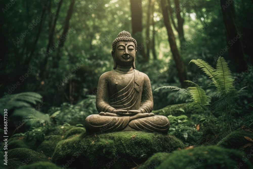Statue of Buddha in the Green Forest - Mindfull and Inspiring Statue of Buddha in the Green Forest - Mindfull and Inspiring