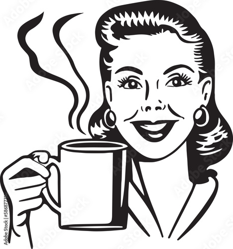Vintage woman drinking coffee 60s style young woman. Retro comics woman head black and white ink drawing, American cartoon advertising illustration.