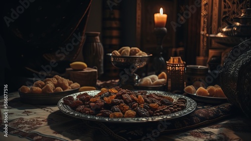 close up dried fruits tray on wooden table, idea for fast-breaking meal in Ramadan month, Generative Ai