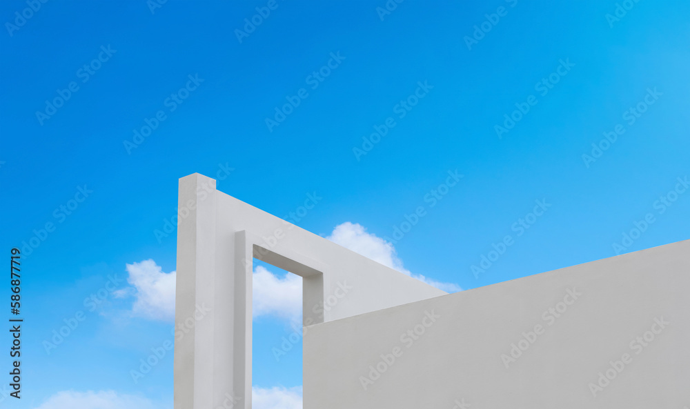 Wall concrete texture with open window against blue sky and clouds, Horizon White paint cement building, Ant view Exterior Modern architecture with open door on roof top in Spring,Summer sky Wall concrete texture with open window against blue sky and clouds, Horizon White paint cement building, Ant view Exterior Modern architecture with open door on roof top in Spring,Summer sky