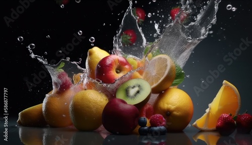 Mix summer fruit with droplets of water  including fresh oranges  apples  and lemons. Ai generative.