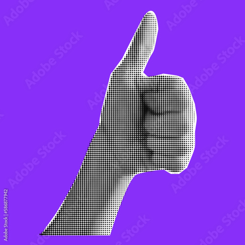 Collage cutout element with the finger up. Hand in gesture I like. Halftone effect, vector illustration 