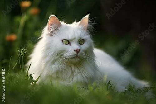 a white cat on a green backdrop. Generative AI