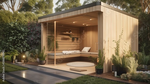 beautiful little cozy wooden room in garden  idea for small house pavilion  Generative Ai