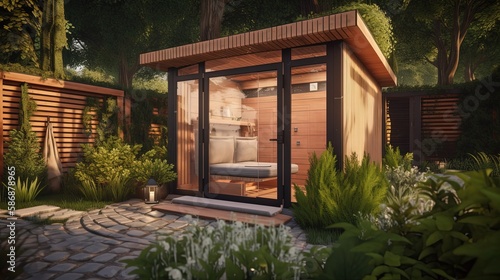 beautiful little cozy wooden room in garden, idea for small house pavilion, Generative Ai