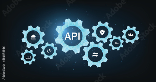 Application Programming Interface (API). Software development tool, information technology, modern technology, internet and networking concept on dark blue background.