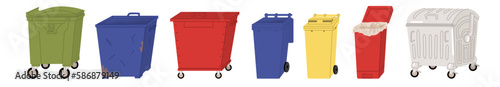 A set of large street trash cans. On wheels and without. Plastic or metal. With and without lid. New or rusty. Design for waste collection companies. City cleaning. Flat style in vector illustration.