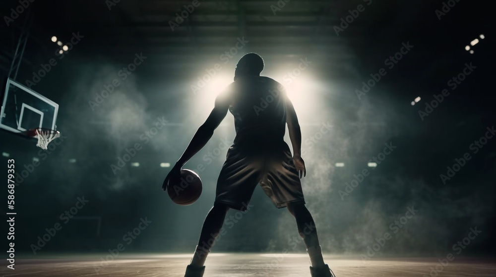 Basketball player seen from the back, dribbles looking at the basket. Dramatic scenery with lights and smoke in dark environment - Ai generative