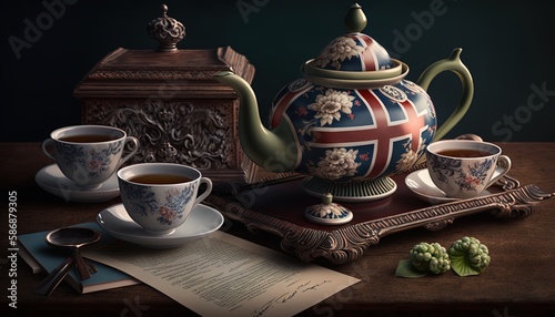 close up traditional vintage tea set , Generative Ai