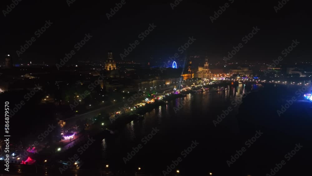 Aerial flight of the colourful city of Dresden at the city festival. Drone move forward Aerial flight of the colourful city of Dresden at the city festival. Drone move forward