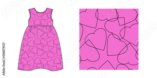 KID GIRLS WEAR SLEEVELESS DRESS with pattern of hearts on pink background. Vector illustration