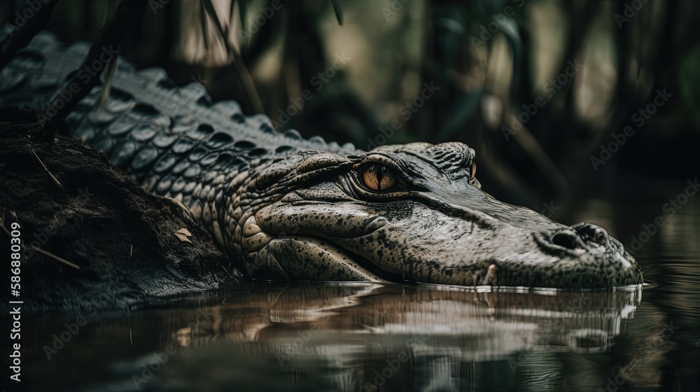 Obraz premium Crocodile swimming underwater in rainforest, generative Ai