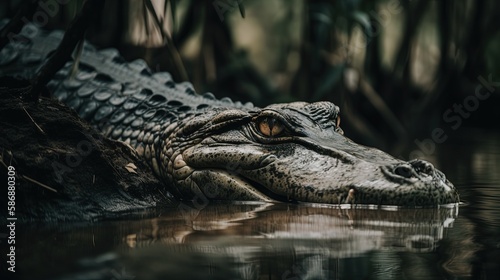 Crocodile swimming underwater in rainforest, generative Ai