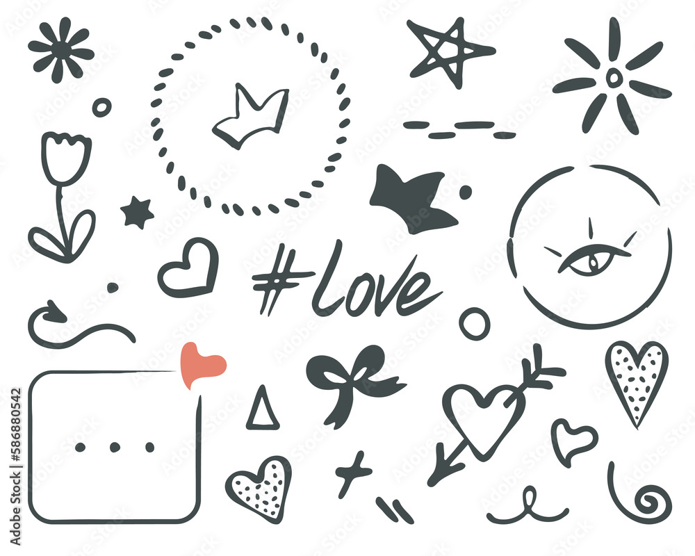 Doodles set, love concept. Hand drawn frame, heart, flower, sun, bow, border, arrow, stars. Scribbled isolated elements, black color. Cute scrapbooking web kit Doodles set, love concept. Hand drawn frame, heart, flower, sun, bow, border, arrow, stars. Scribbled isolated elements, black color. Cute scrapbooking web kit