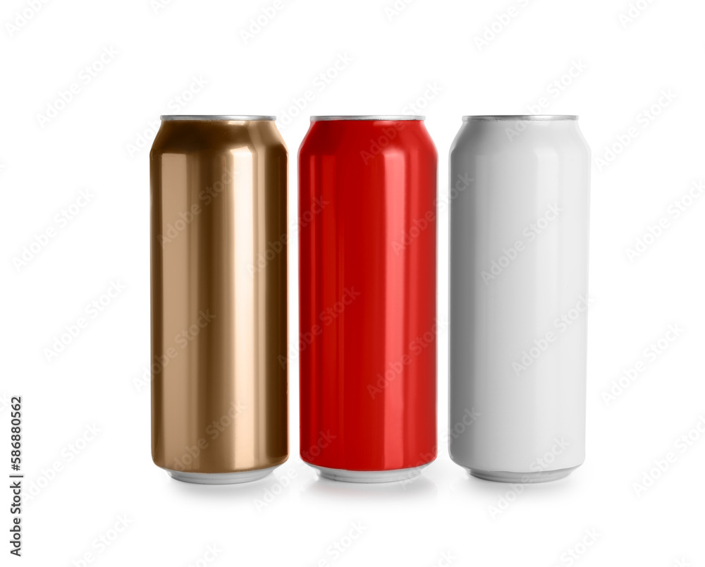 Aluminum cans with drinks on white background
