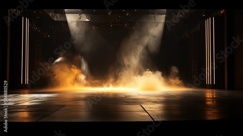 fire stage with spotlights shine on floor in dark room, idea for background backdrop, Generative Ai