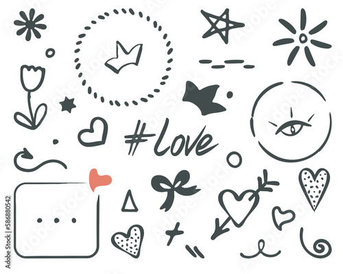 Doodles set, love concept. Hand drawn frame, heart, flower, sun, bow, border, arrow, stars. Scribbled isolated elements, black color. Cute scrapbooking web kit