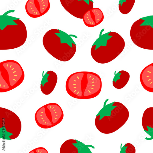 set of red and green tomato and catted tomato on white background as seamless repeat pattern, replete image design for fabric print or kids wallpaper