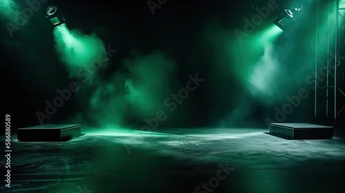 green spotlights shine on stage floor in dark room, idea for background backdrop, music hall or studio, Generative Ai © QuietWord