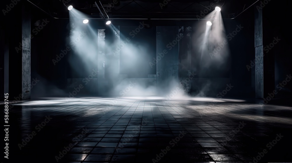 white spotlights shine on stage floor in dark room, idea for background backdrop, music hall or studio, Generative Ai