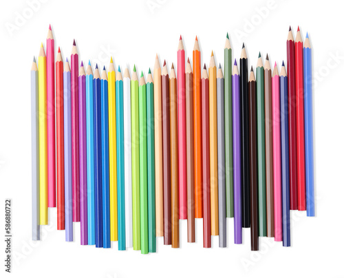 Many colorful wooden pencils on white background, top view