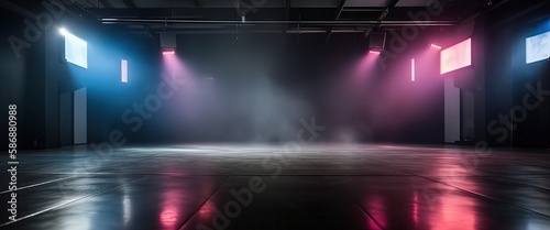 pink, spotlights shine on stage floor in dark room, idea for background backdrop, music hall or studio, Generative Ai © QuietWord
