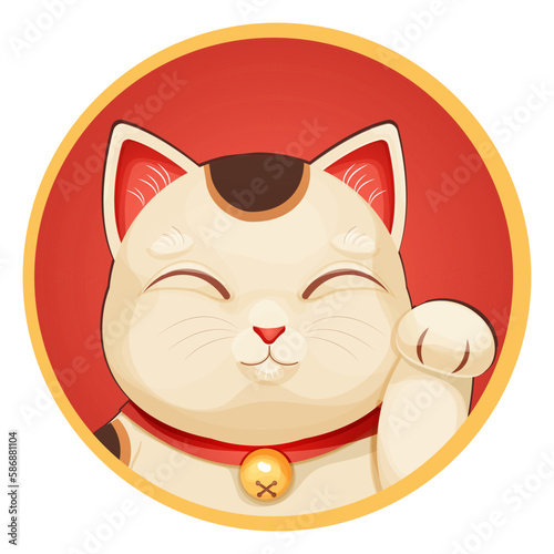 Maneki neko cat tradition figure lucky symbol, pet with collar and bell in cartoon style isolated on white background