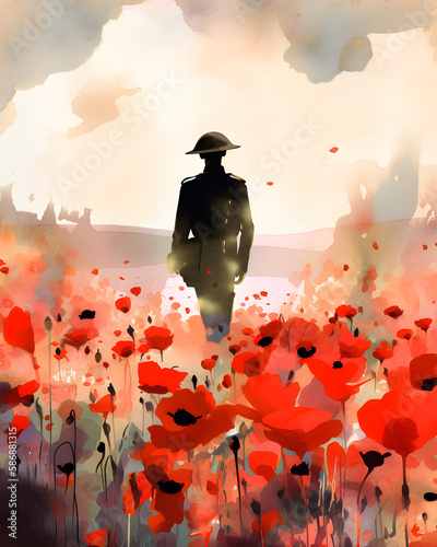 Abstract painting concept. Colorful art style of a soldier in a red poppies field. Anzac day - Lest we forget. Generative AI. photo