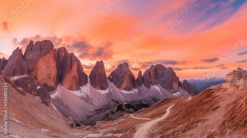 minimalism nature abstract background of rock mountain peak, evening sunlight dye mountain into pink hue, Generative Ai