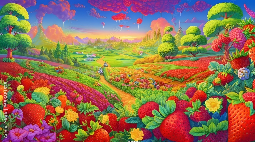 Surreal strawberry landscape. Generative AI