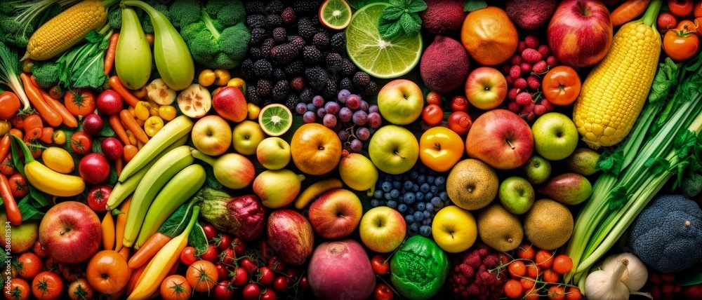 Assortment of fresh organic fruits and vegetables, top view. Generative AI. Assortment of fresh organic fruits and vegetables, top view. Generative AI.