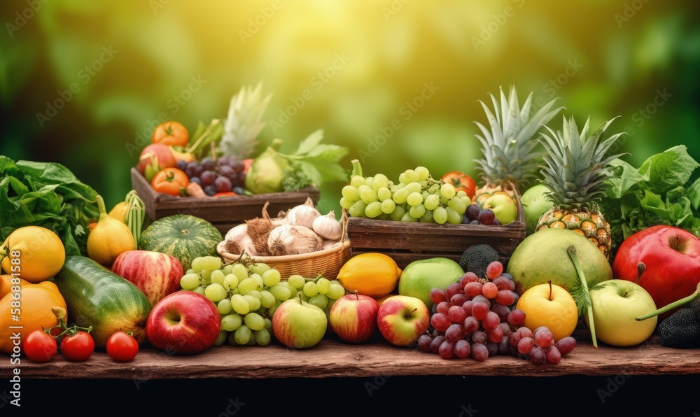 Assortment of fresh organic fruits and vegetables. The background is a blurred green garden. Generative AI.