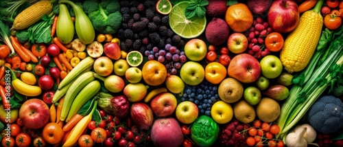 Assortment of fresh organic fruits and vegetables  top view. Generative AI.