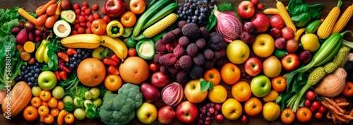 Assortment of fresh organic fruits and vegetables  top view. Generative AI.