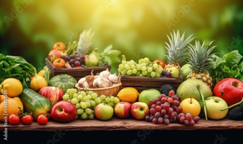 Assortment of fresh organic fruits and vegetables. The background is a blurred green garden. Generative AI.