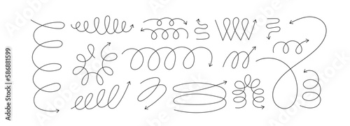 Line spiral spring arrow vector illustration set. Y2k aesthetic design element. Springy flexible object. Modern minimalist linear elements, trendy outline arrows. Different zigzag, coil, wave