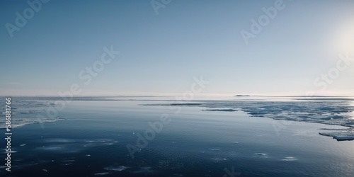 Winter sea landscape with floating ice fragments on still cold water. Generative AI