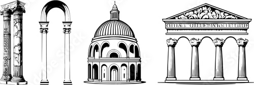 Set of vector illustrations of antique arches.Basic elements of Greek architecture.