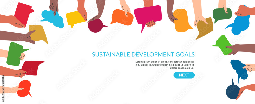 SDGs development goals environment. Hands exchange ideas and holding speech bubble with vote or comment. Team cooperation communicate collaborate. Diversity group with talk message vector illustration