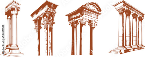 Set of vector illustrations of antique arches.Basic elements of Greek architecture.