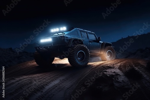 jeep driving on a dark dirt road at night. Generative AI © AkuAku