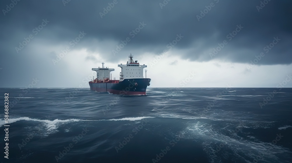Low angle view on huge fuel tanker ship in the sea. Generative AI Low angle view on huge fuel tanker ship in the sea. Generative AI