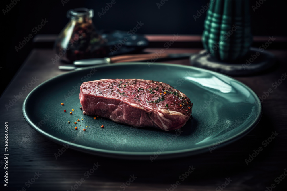 A wonderful piece of meat on a plate, cozy lighting. A wonderful piece of meat on a plate, cozy lighting.