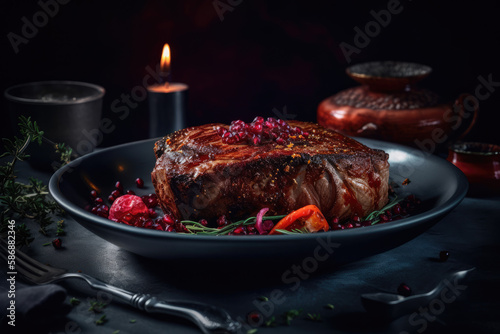 A wonderful piece of meat on a plate, cozy lighting.